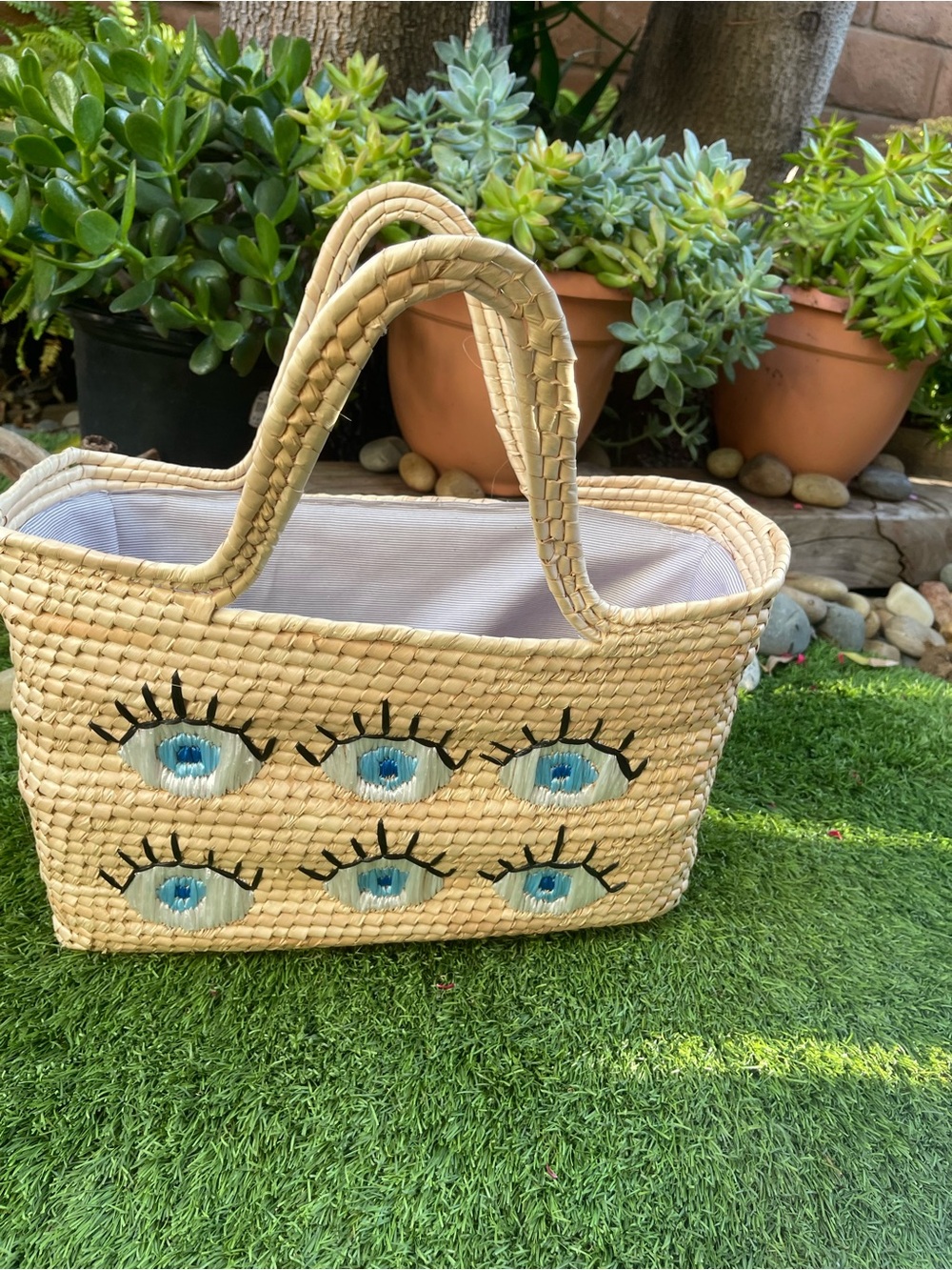 Handwoven Straw Tote with Blue Eye Embroidery
